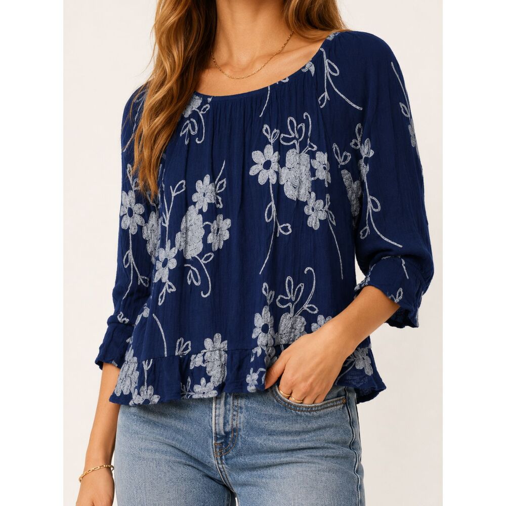 RAIN Womens Large Navy Blue Floral Embroidered Peasant Blouse Boho Folk Art